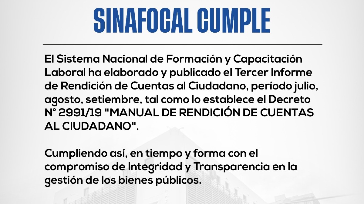 SINAFOCAL cumple con la elaboración, aprobación y publicación del Informe de Rendición de Cuentas al Ciudadano correspondiente al tercer trimestre del ejercicio fiscal 2026